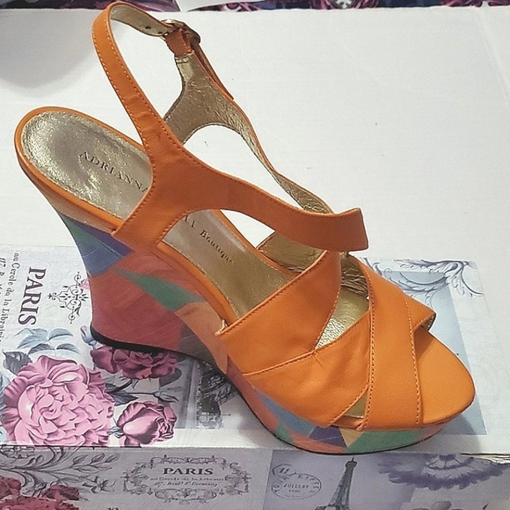 Adrianna Papell Colorful Artsy Orange Geometric Leather Platform Sandals 8M